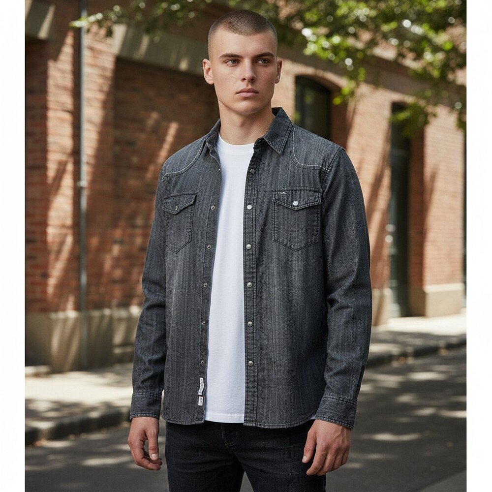AKADEMIKS Men's AKDMS‎ Long Sleeve Snap Front Shirt Black Chambray | Size M